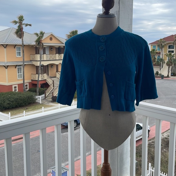 Fossil sweater crop cardigan buttons 3/4 sleeve teal cotton women’s size S - Picture 11 of 15
